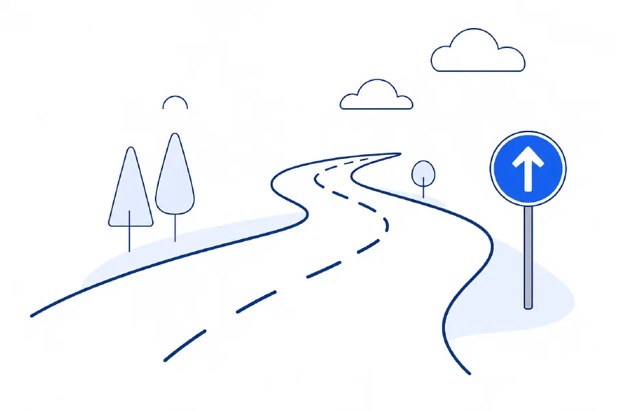 Illustration af en snoet vej og et blåt vejskilt